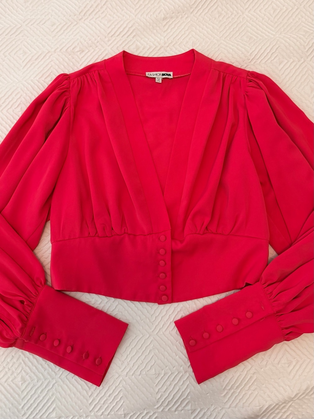 Fashion Nova Hot Pink V-Neck Puff Sleeve Button Crop Top